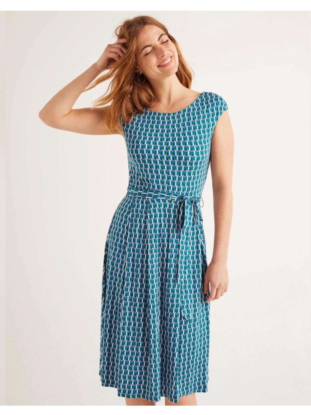 Boden Esmeralda Jersey Dress Geometric Print Cap Sleeve Tie Waist Size 12